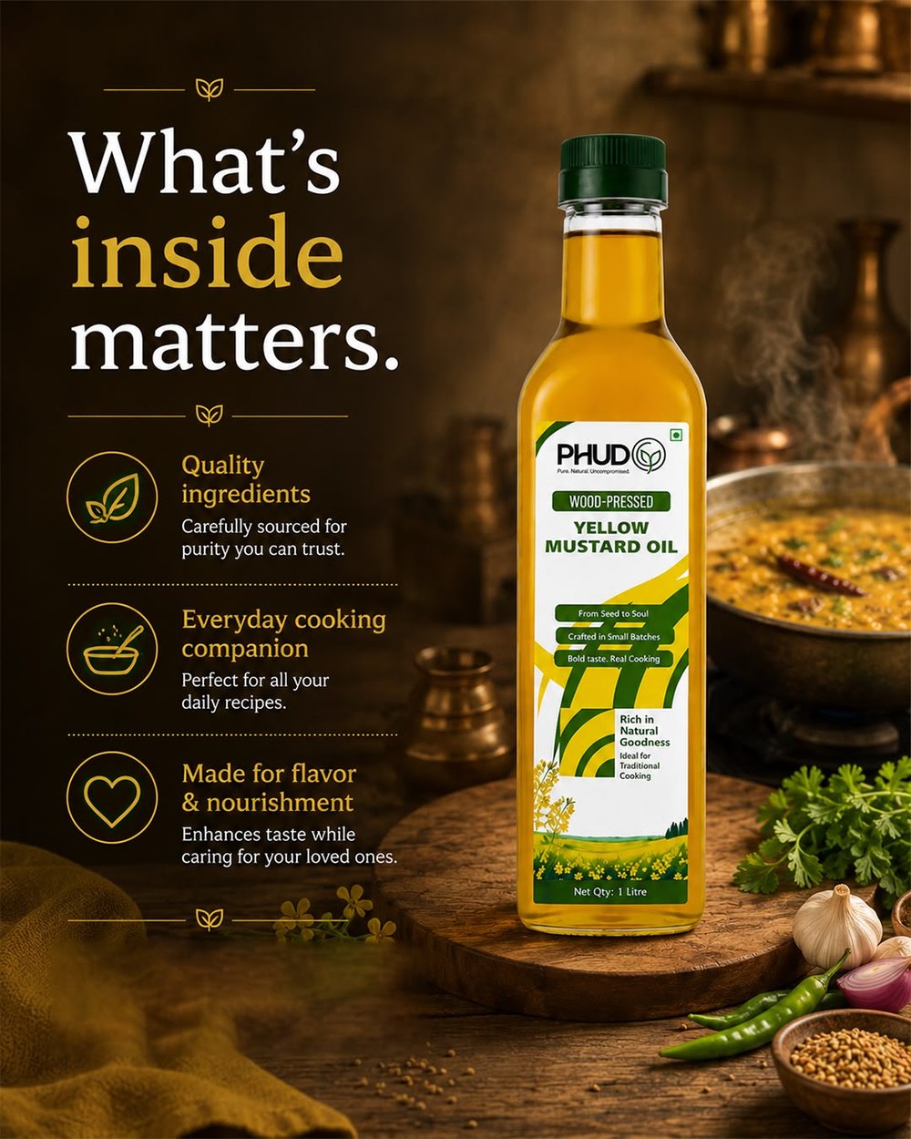 PhudG Yellow Mustard Oil bottle in a warm Indian kitchen